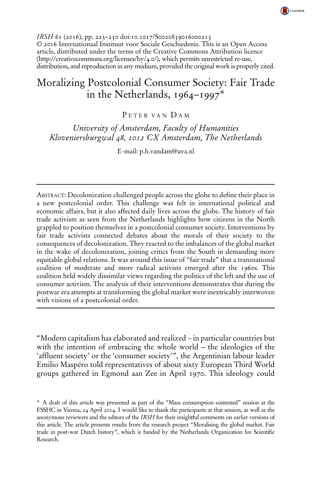 Moralizing Postcolonial Consumer Society: Fair Trade in the Netherlands, 1964–1997*