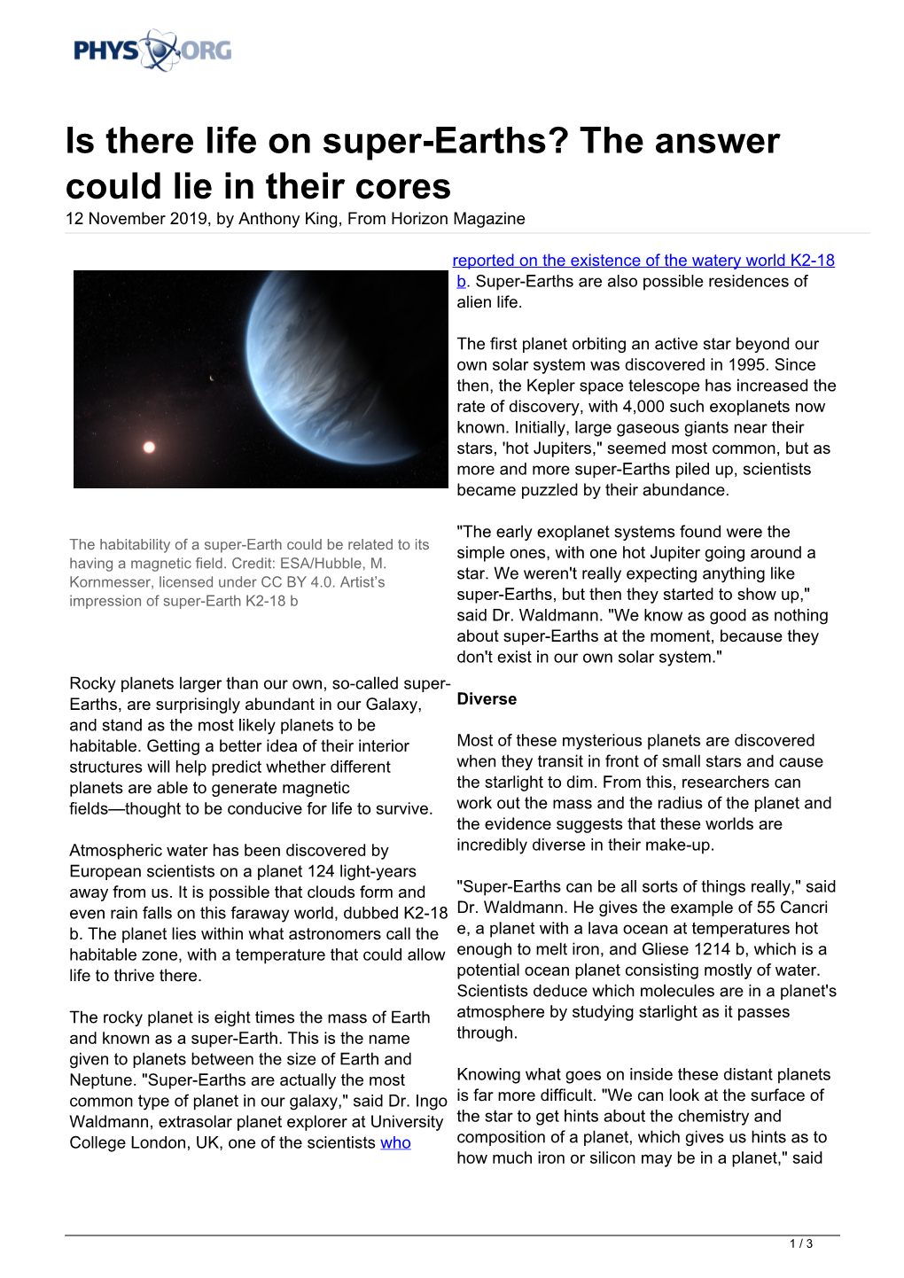 Is There Life on Super-Earths? the Answer Could Lie in Their Cores 12 November 2019, by Anthony King, from Horizon Magazine