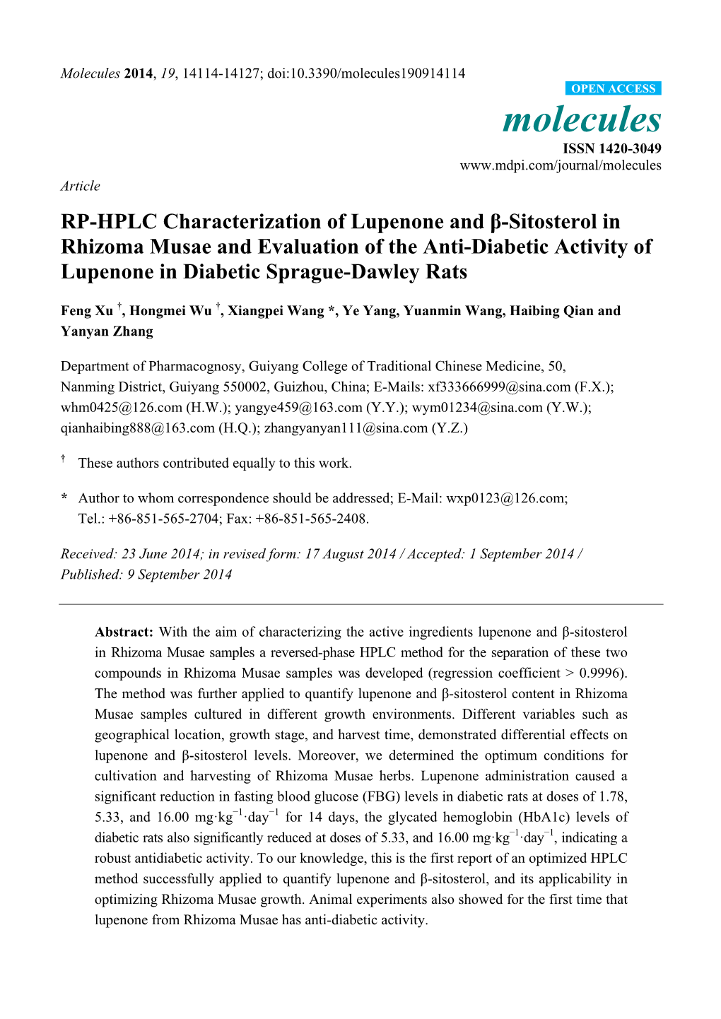 RP-HPLC Characterization of Lupenone and Β-Sitosterol in Rhizoma Musae and Evaluation of the Anti-Diabetic Activity of Lupenone in Diabetic Sprague-Dawley Rats
