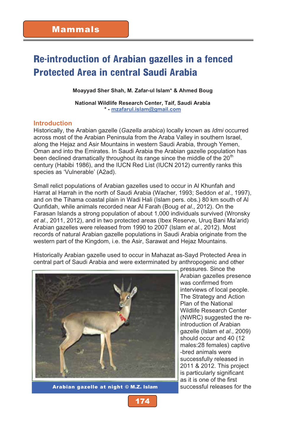 Re-Introduction of Arabian Gazelles in a Fenced Protected Area in Central Saudi Arabia