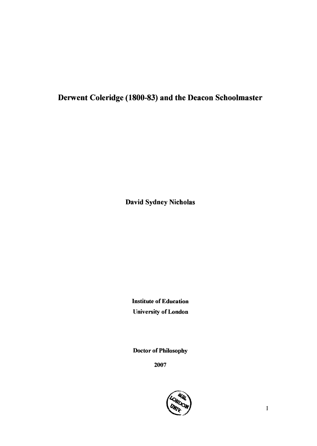 Derwent Coleridge (1800-83) and the Deacon Schoolmaster