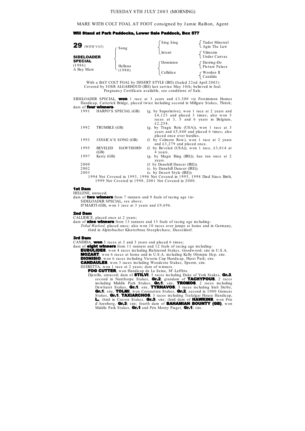 Tattersalls Racehorse .Sponsorship Scheme