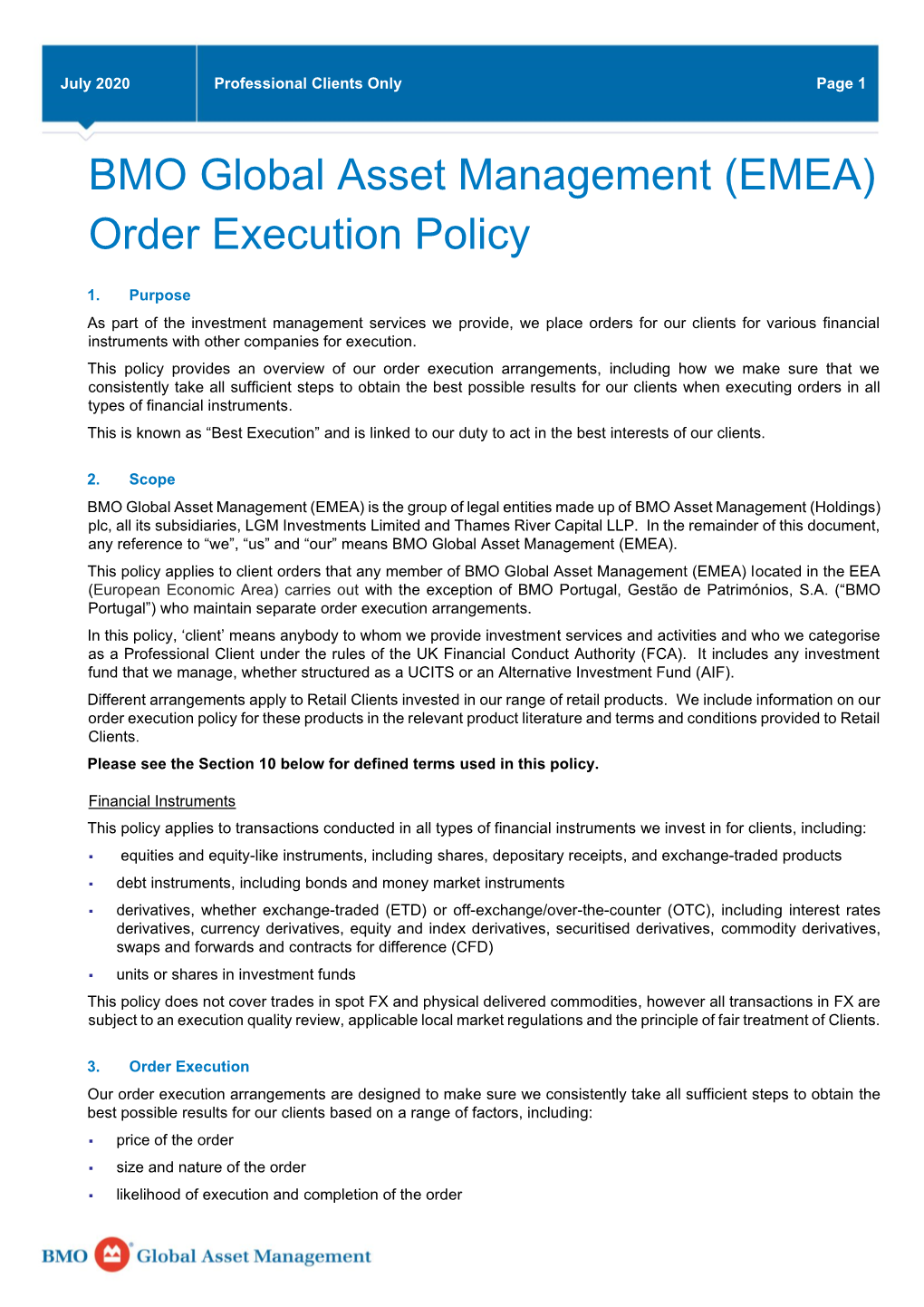 BMO Global Asset Management (EMEA) Order Execution Policy