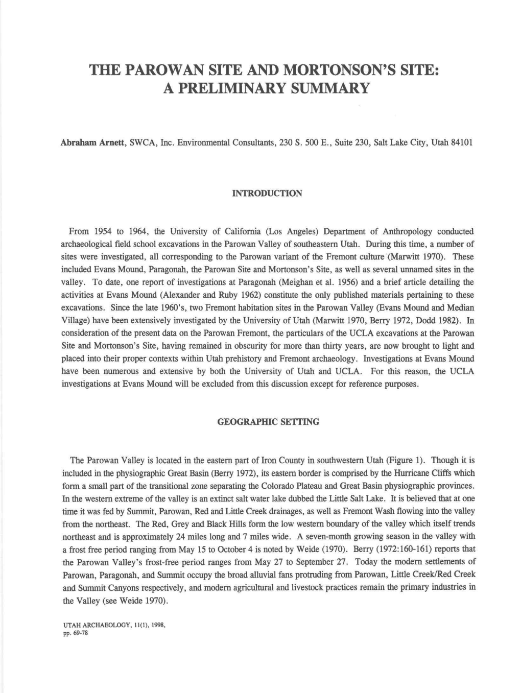 The Parowan Site and Mortonson's Site: a Preliminary Summary