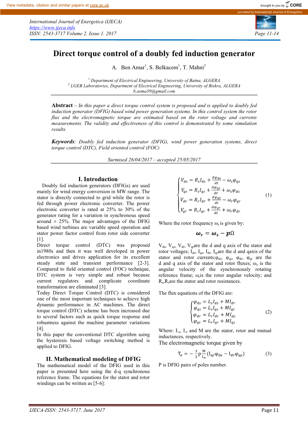 Direct Torque Control of a Doubly Fed Induction Generator