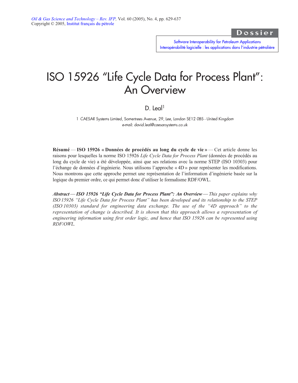 ISO 15926 “Life Cycle Data for Process Plant”: an Overview