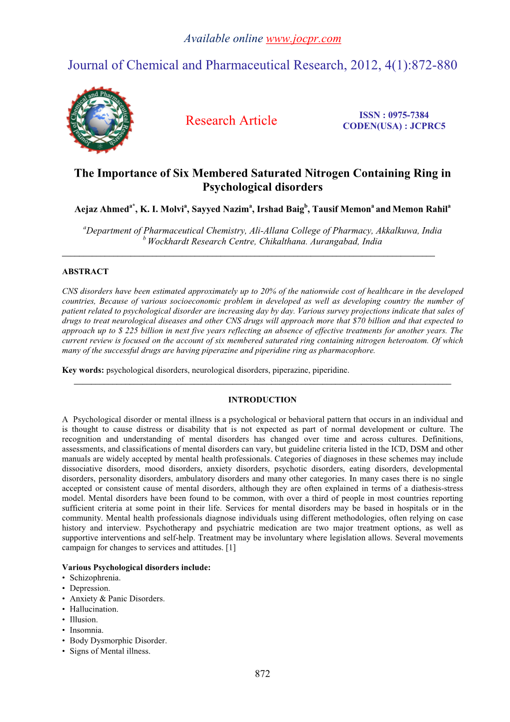 The Importance of Six Membered Saturated Nitrogen Containing Ring in Psychological Disorders