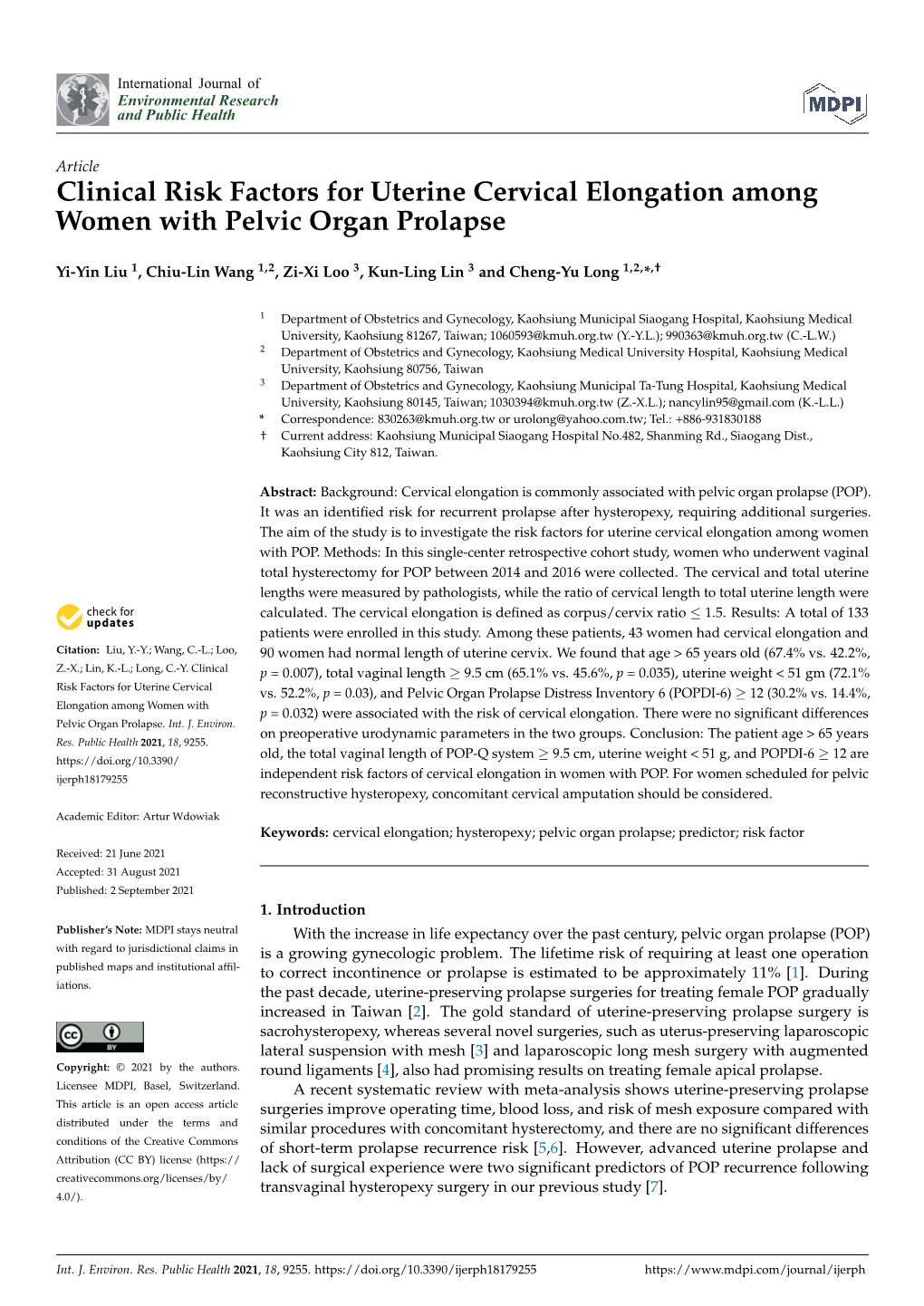 Clinical Risk Factors for Uterine Cervical Elongation Among Women with Pelvic Organ Prolapse