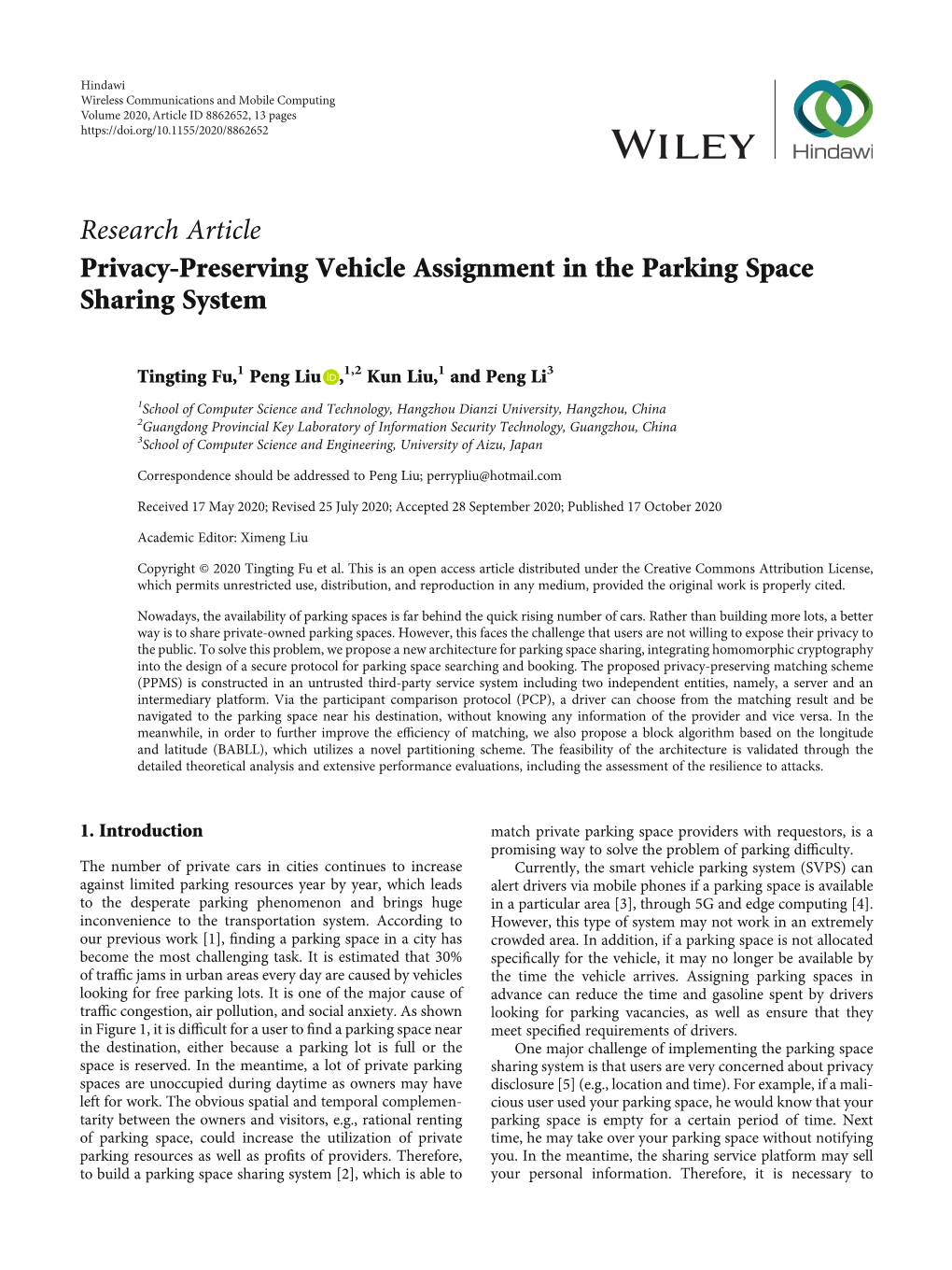 Research Article Privacy-Preserving Vehicle Assignment in the Parking Space Sharing System