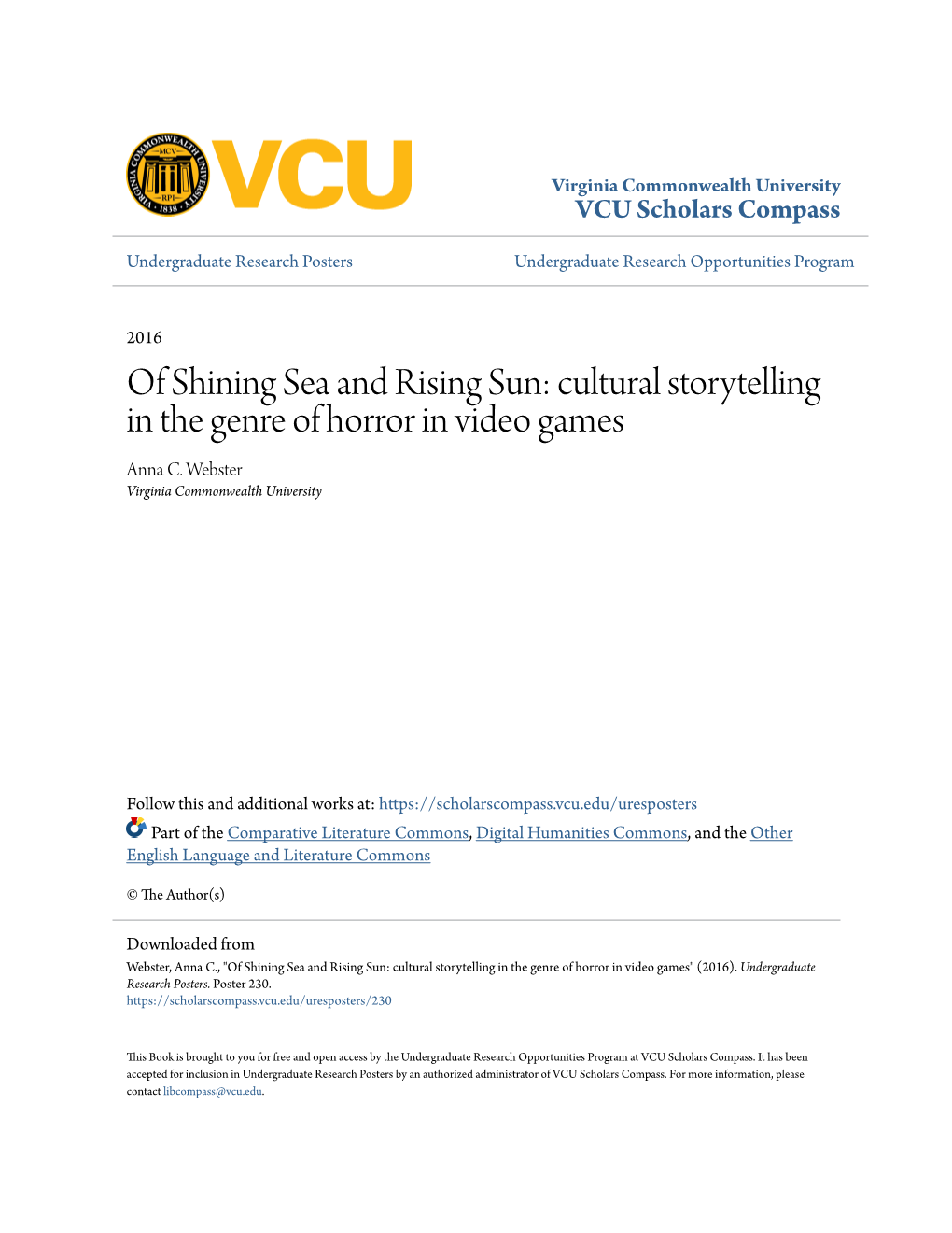 Of Shining Sea and Rising Sun: Cultural Storytelling in the Genre of Horror in Video Games Anna C
