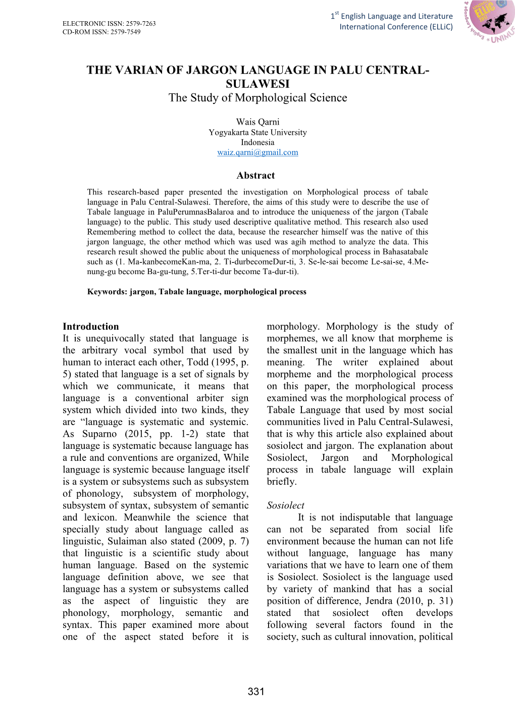 THE VARIAN of JARGON LANGUAGE in PALU CENTRAL- SULAWESI the Study of Morphological Science