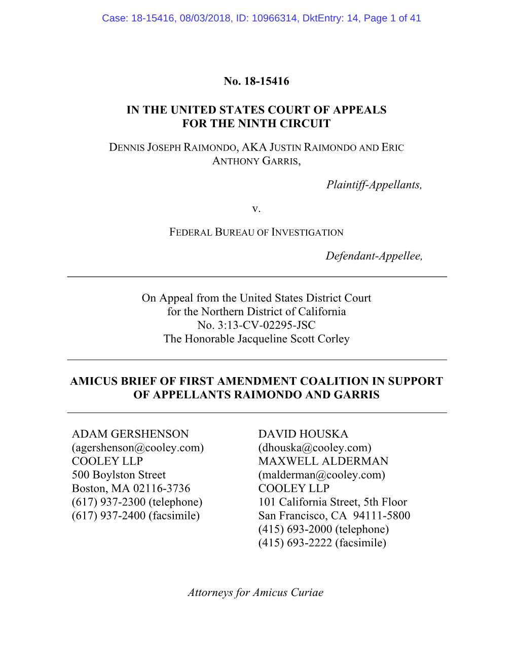 Amicus Brief of First Amendment Coalition in Support of Appellants Raimondo and Garris