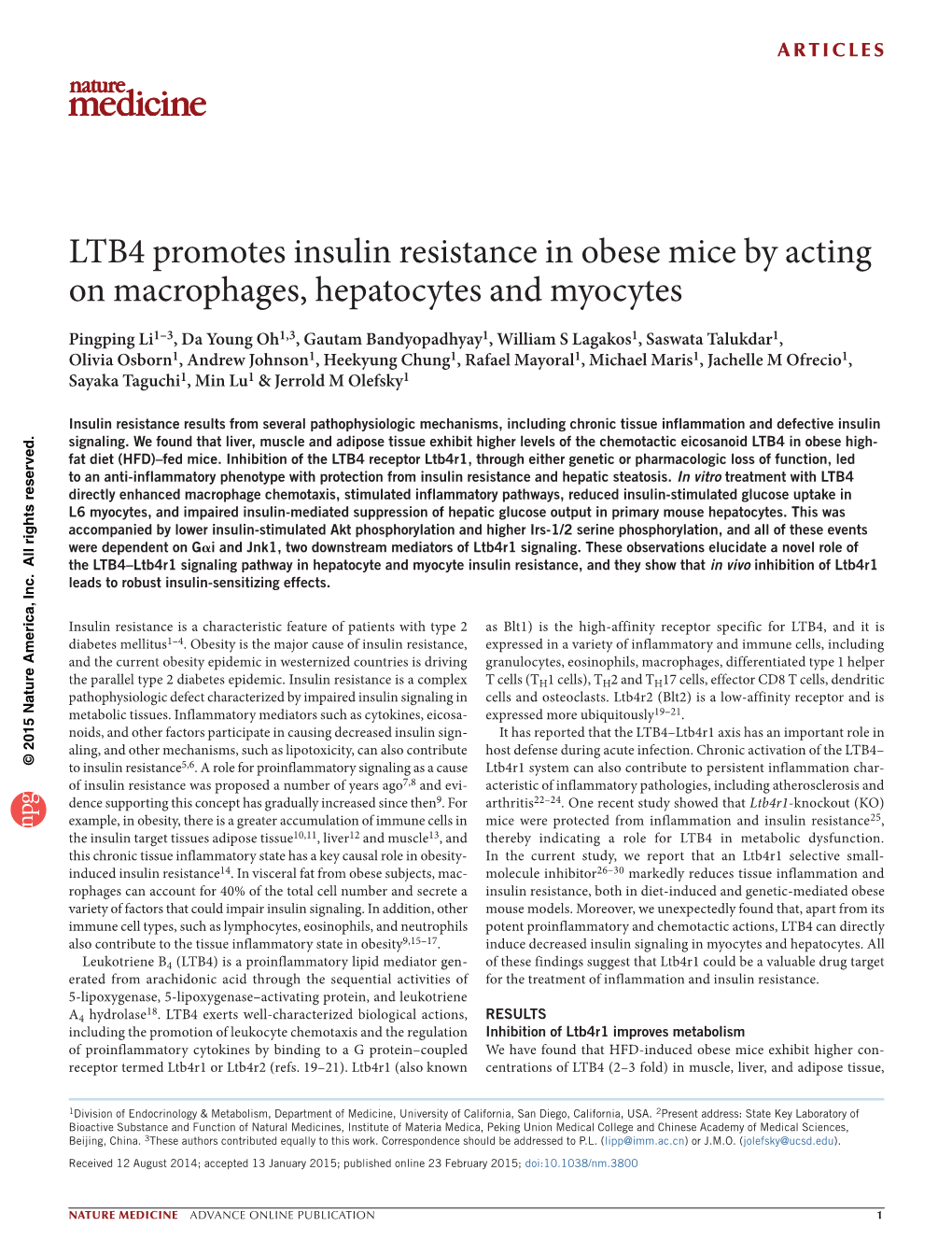 LTB4 Promotes Insulin Resistance in Obese Mice by Acting On