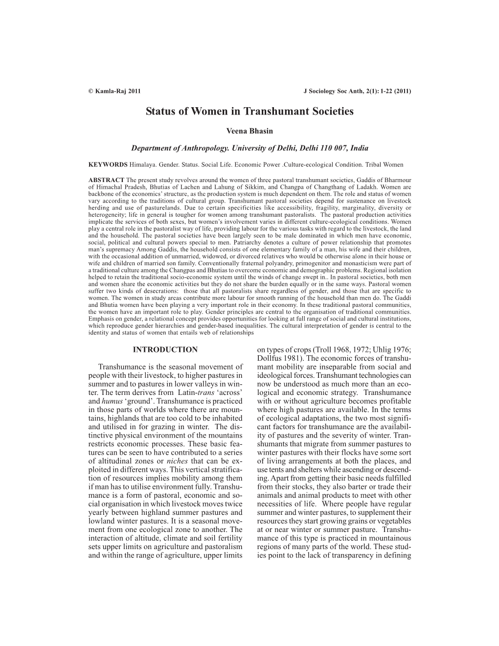 Status of Women in Transhumant Societies