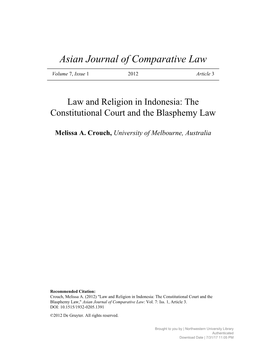 Law and Religion in Indonesia: the Constitutional Court and the Blasphemy Law