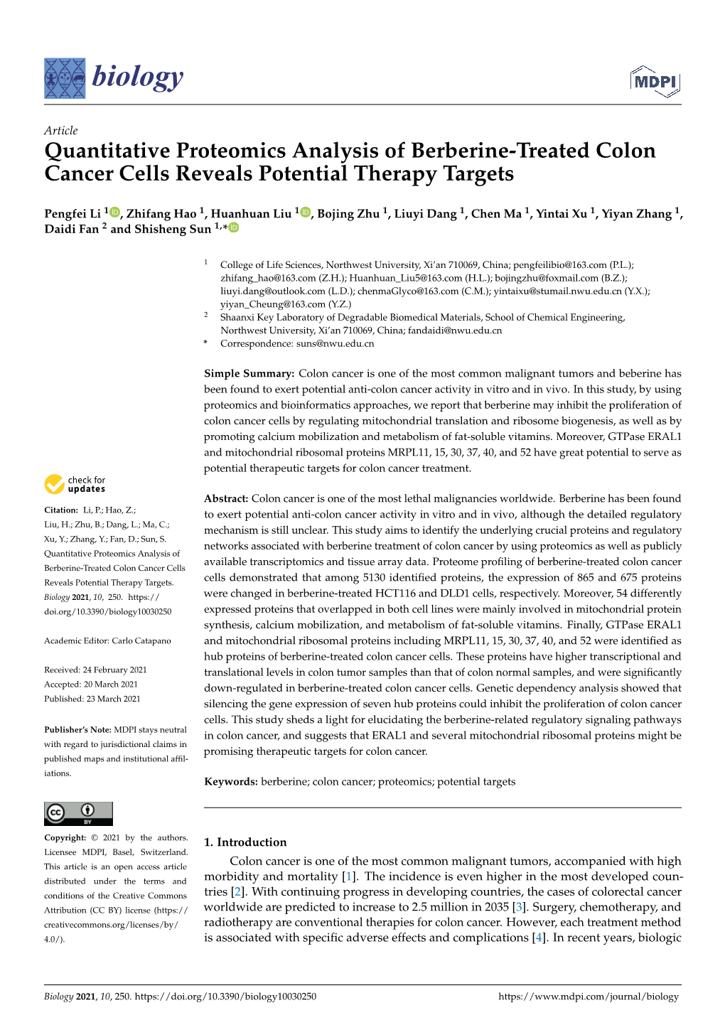 Quantitative Proteomics Analysis of Berberine-Treated Colon Cancer Cells Reveals Potential Therapy Targets