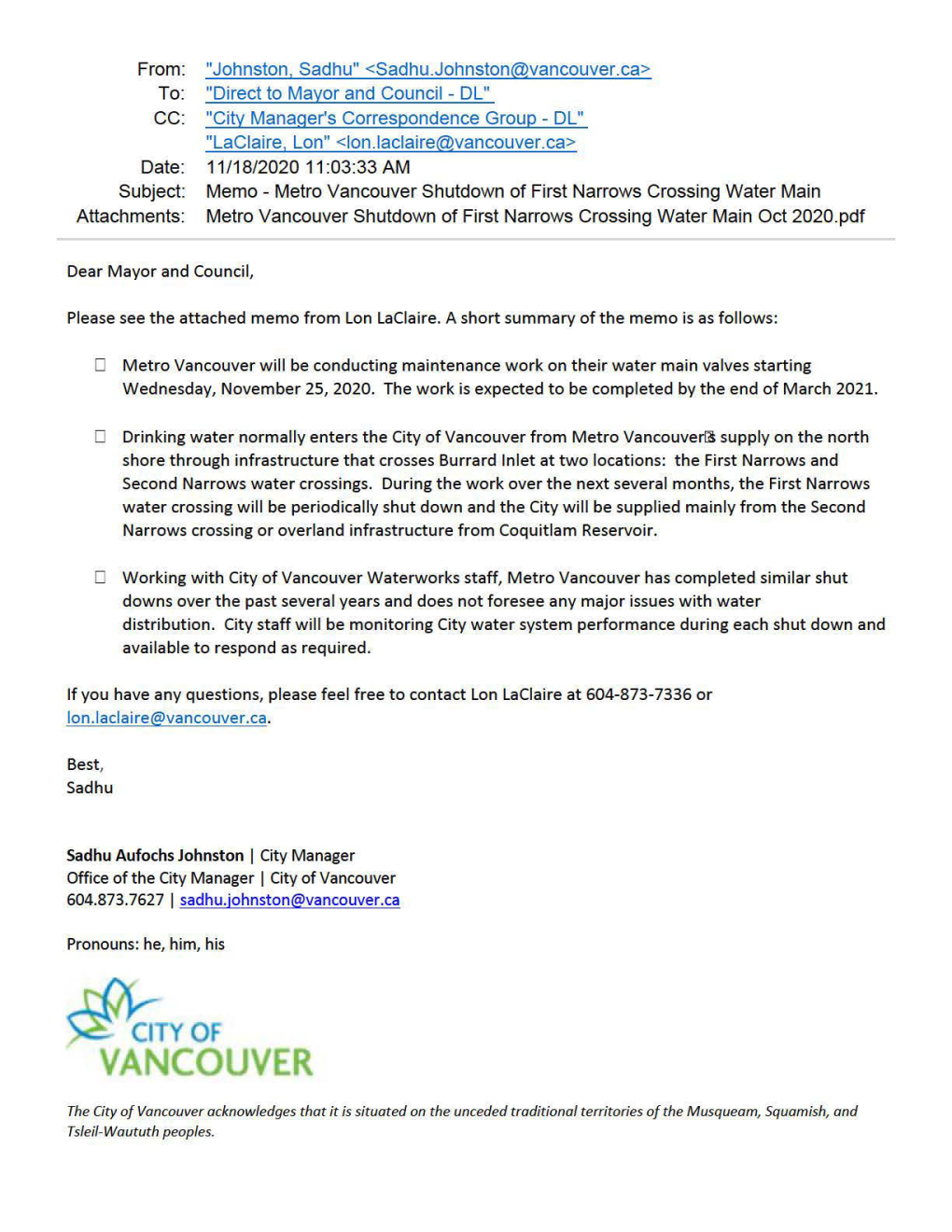 Metro Vancouver Shutdown of First Narrows Crossing Water Main Attachments: Metro Vancouver Shutdown of First Narrows Crossing Water Main Oct 2020.Pdf