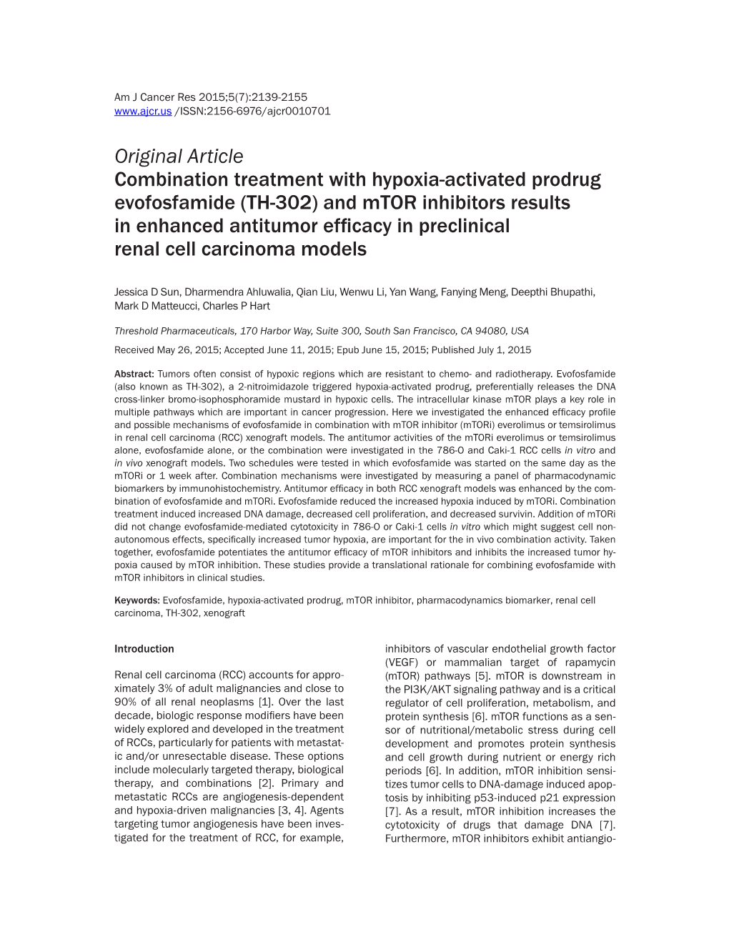 And Mtor Inhibitors Results in Enhanced Antitumor Efficacy in Preclinical Renal Cell Carcinoma Models