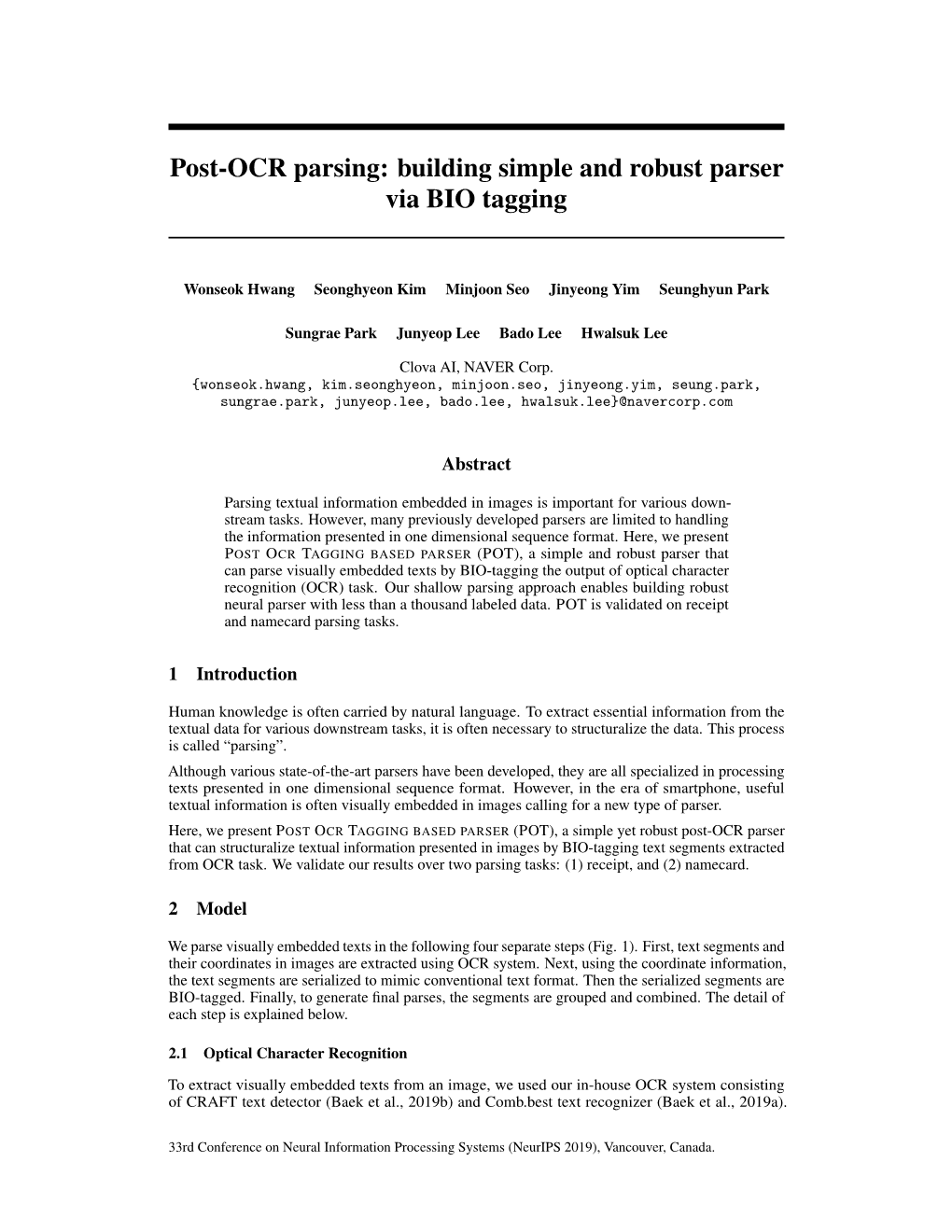 Post-OCR Parsing: Building Simple and Robust Parser Via BIO Tagging