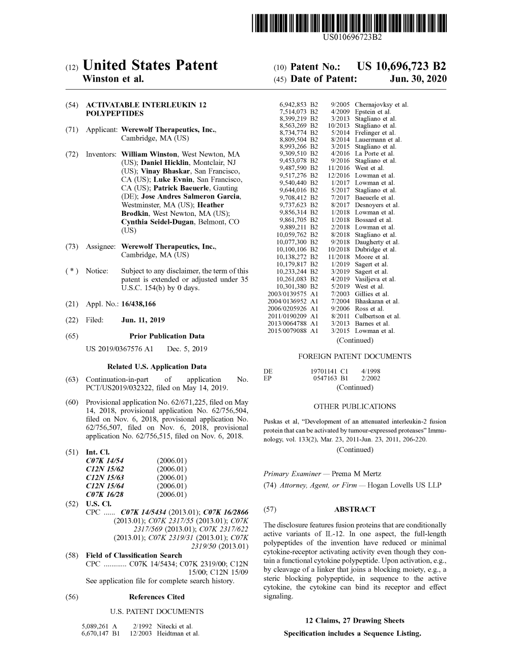 ( 12 ) United States Patent ( 10 ) Patent No.: US 10,696,723 B2 Winston Et Al