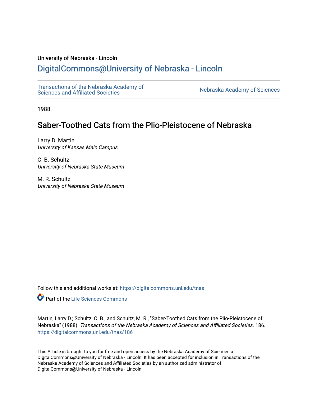 Saber-Toothed Cats from the Plio-Pleistocene of Nebraska