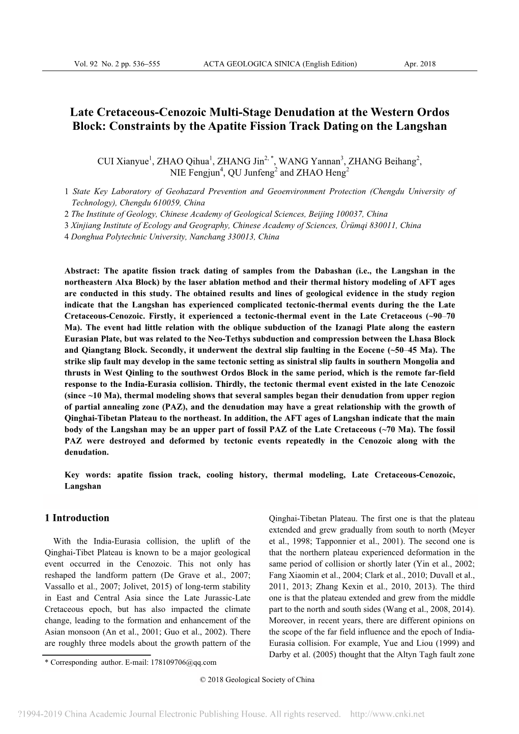 Constraints by the Apatite Fission Track Datingon the Langshan