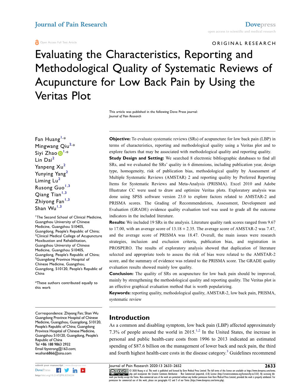 Evaluating the Characteristics, Reporting and Methodological Quality of Systematic Reviews of Acupuncture for Low Back Pain by Using the Veritas Plot
