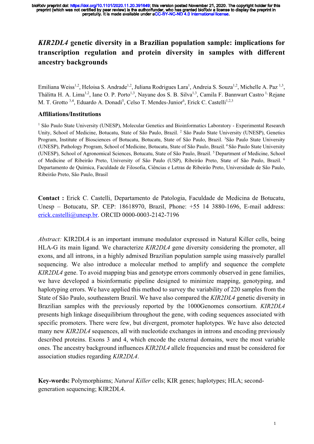 KIR2DL4 Genetic Diversity in a Brazilian Population Sample