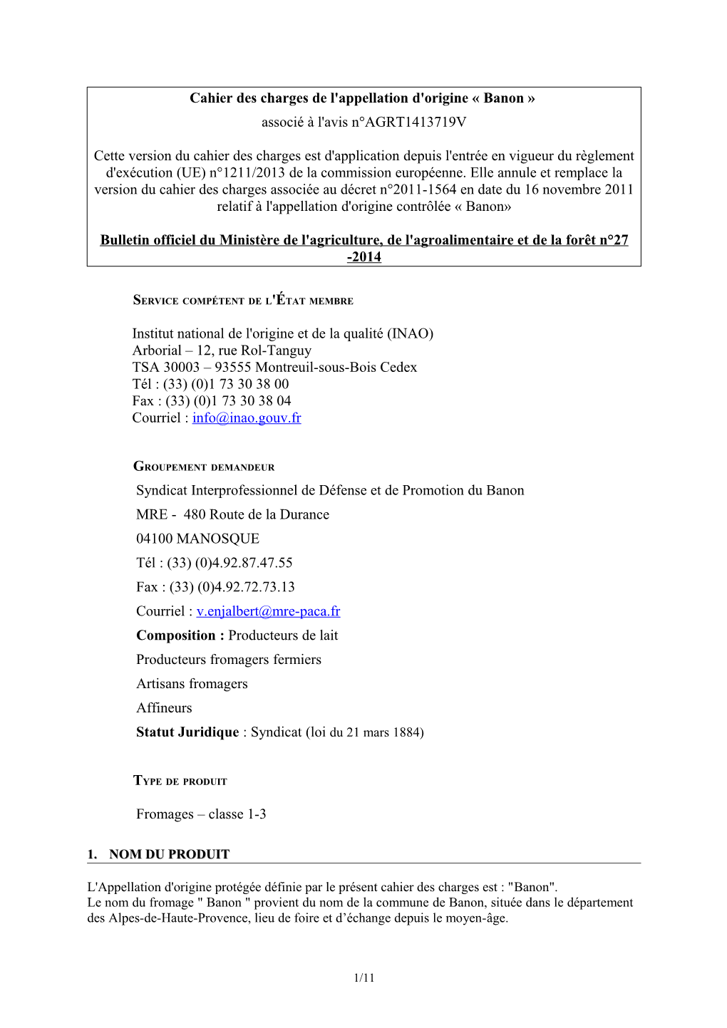 Cahier Des Charges De L'appellation D'origine « Banon » Associé À L'avis N°AGRT1413719V