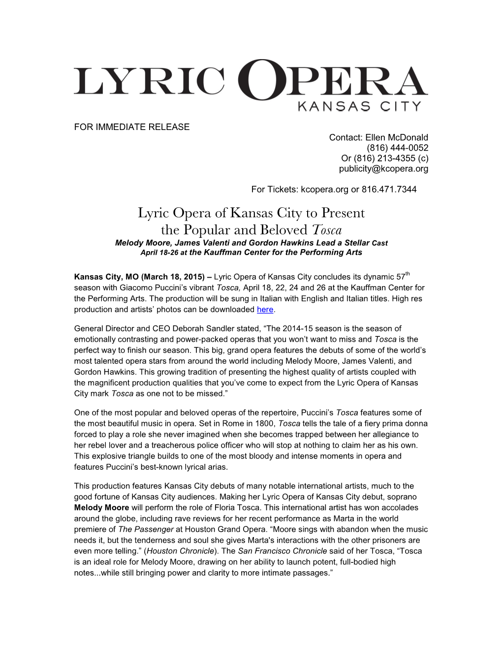 Lyric Opera of Kansas City to Present the Popular and Beloved Tosca
