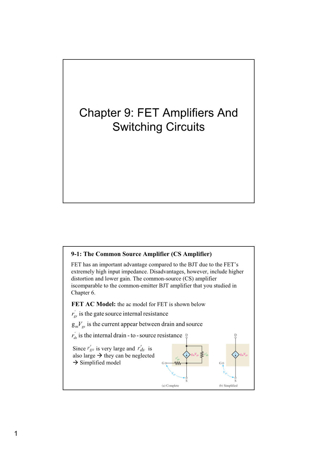 Chapter 9: FET Amplifiers and Switching Circuits
