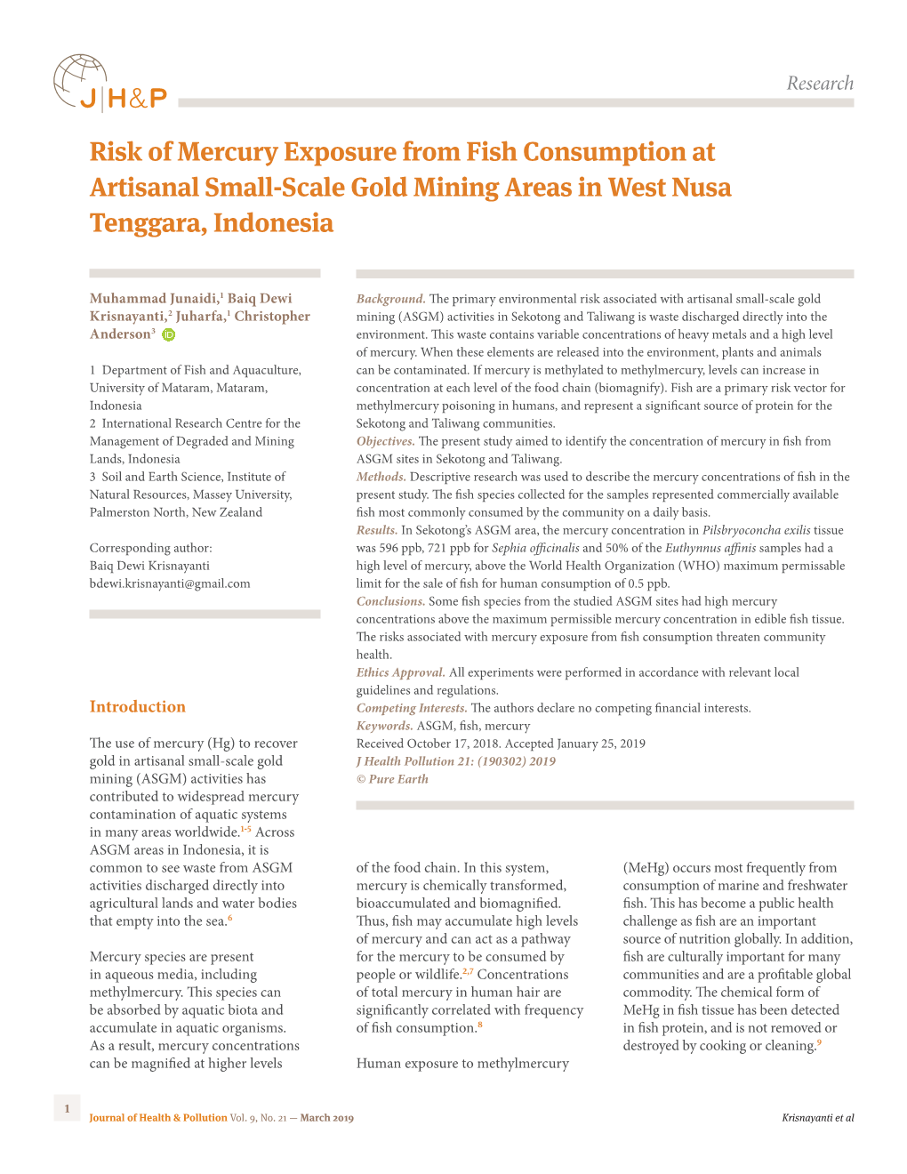 Risk of Mercury Exposure from Fish Consumption at Artisanal Small-Scale Gold Mining Areas in West Nusa Tenggara, Indonesia
