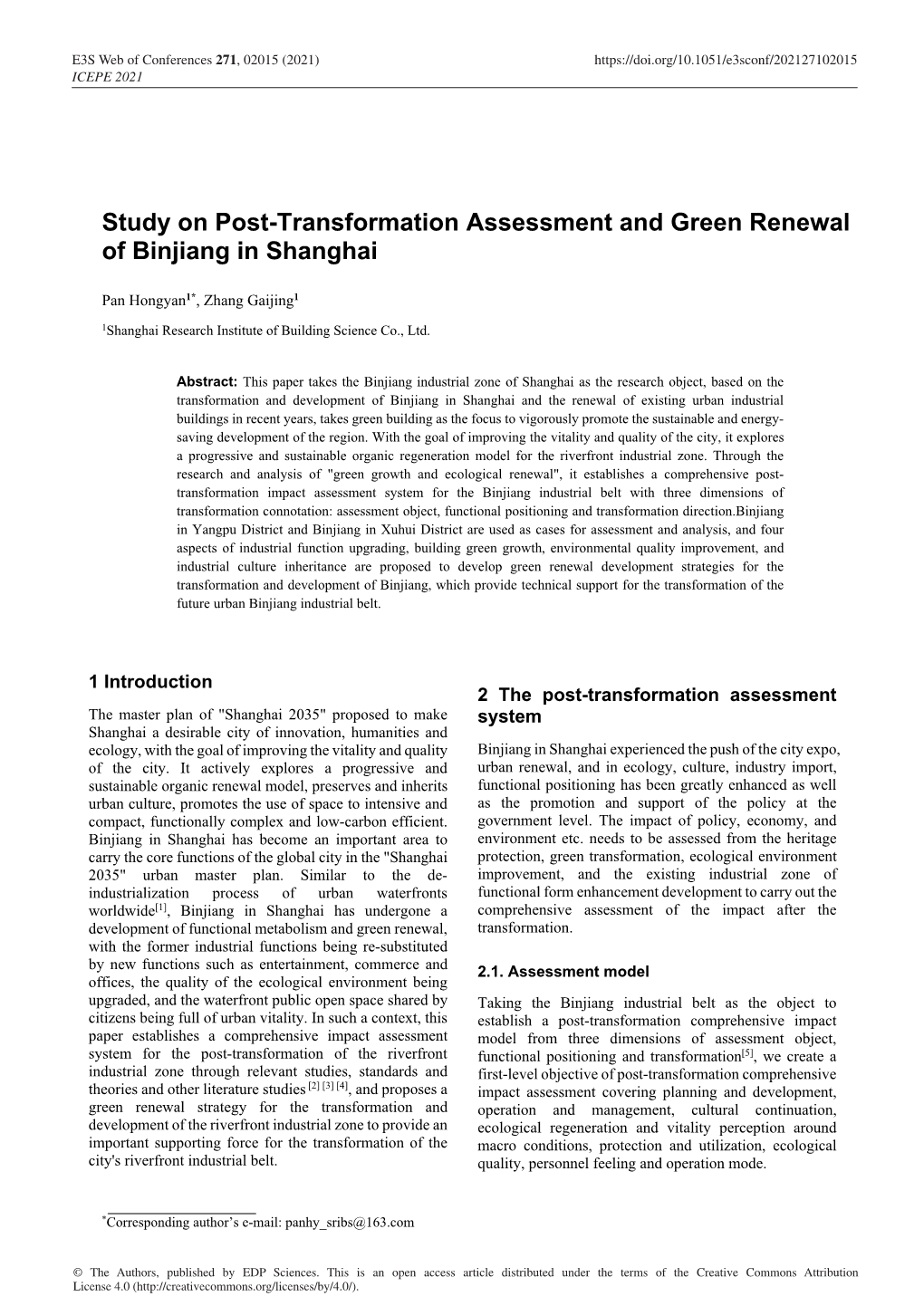 Study on Post-Transformation Assessment and Green Renewal of Binjiang in Shanghai