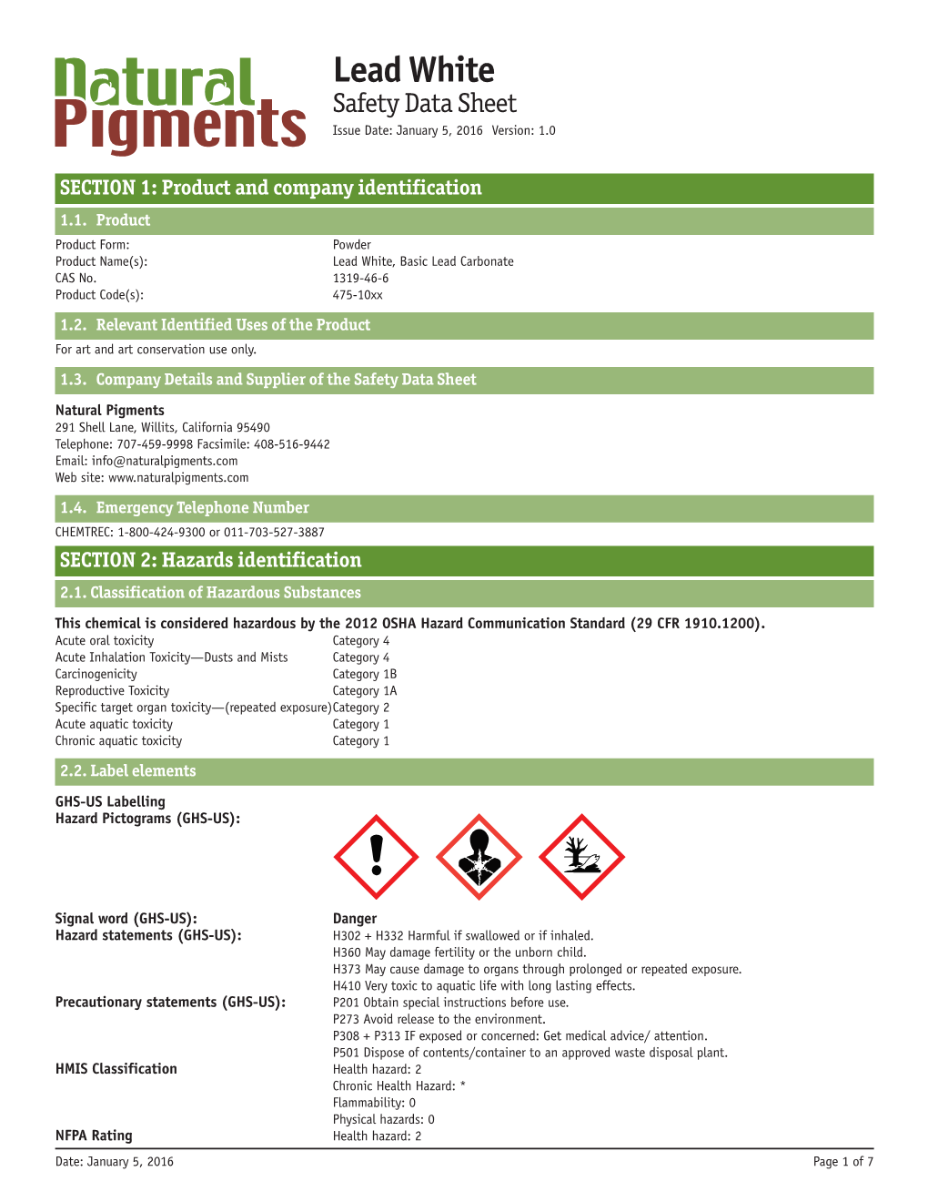 Lead White Safety Data Sheet Issue Date: January 5, 2016 Version: 1.0