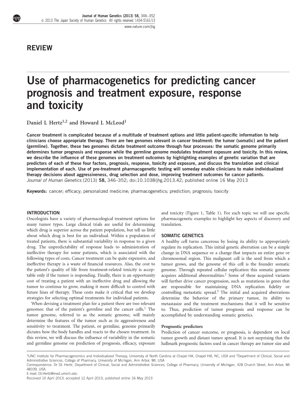 Use of Pharmacogenetics for Predicting Cancer Prognosis and Treatment Exposure, Response and Toxicity