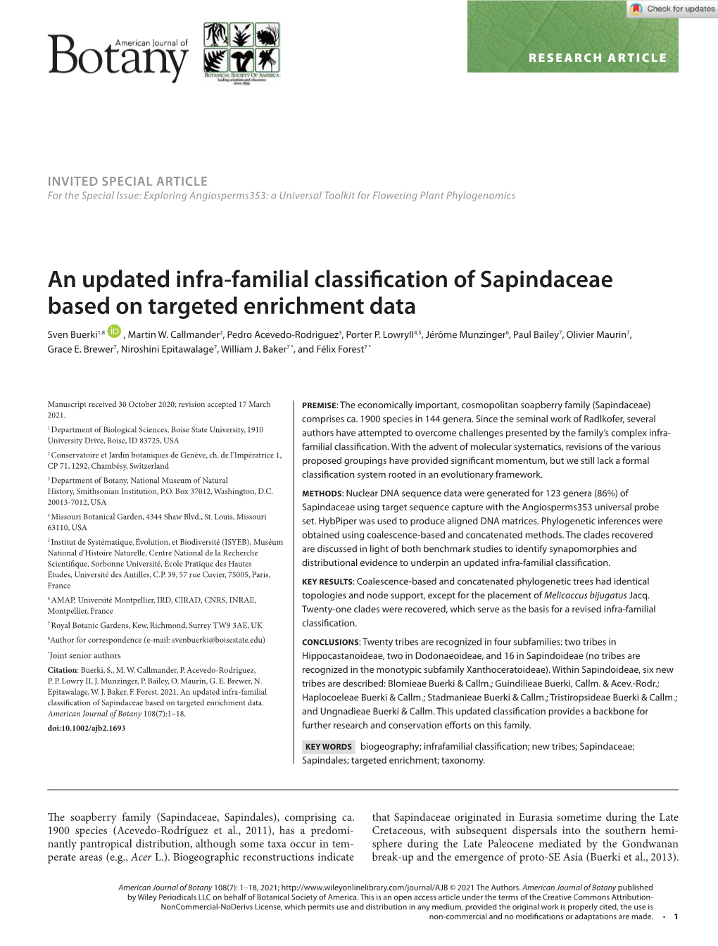 An Updated Infra-Familial Classification of Sapindaceae Based on Targeted