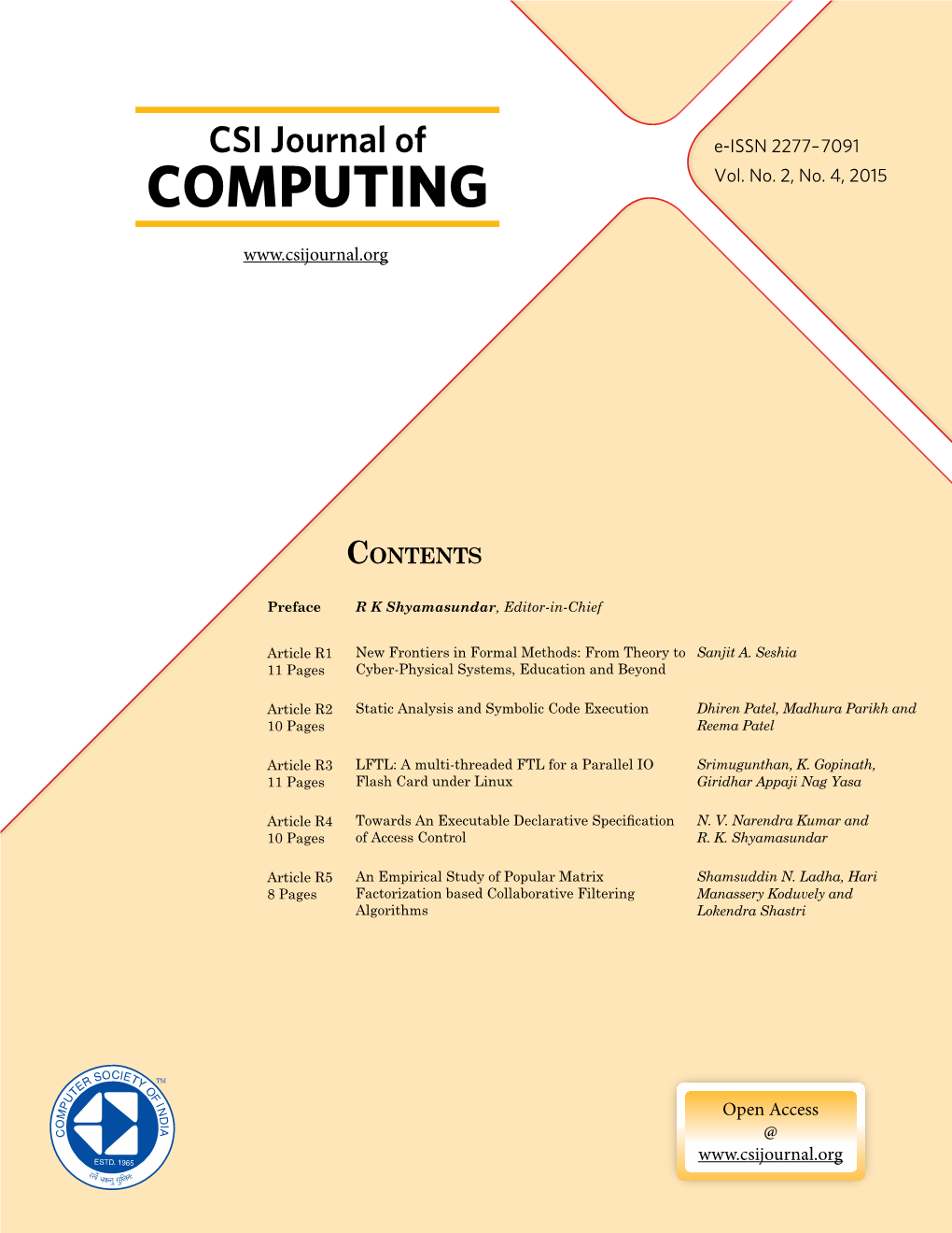 CSI Journal of E-ISSN 2277–7091 COMPUTING Vol