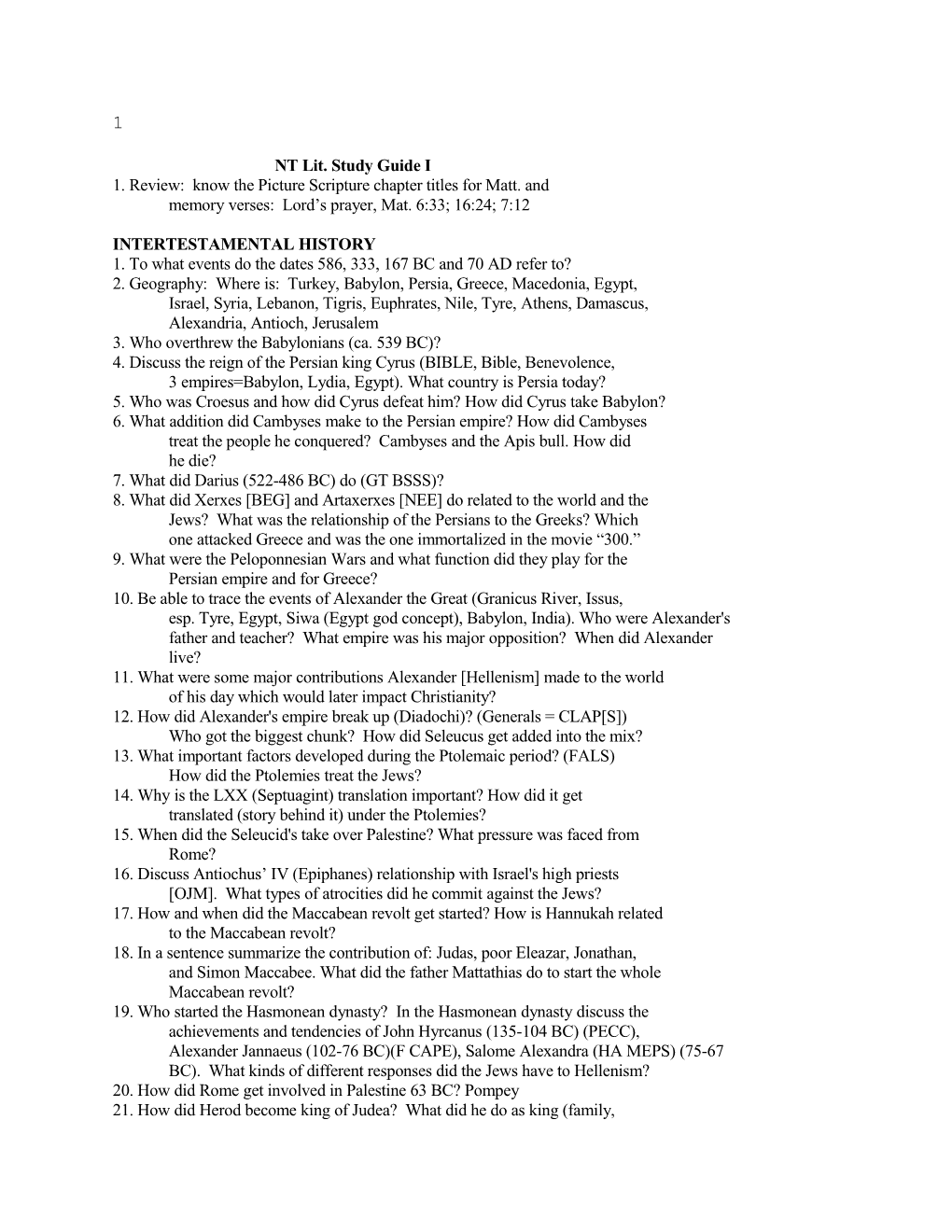 NT Lit. Study Guide I