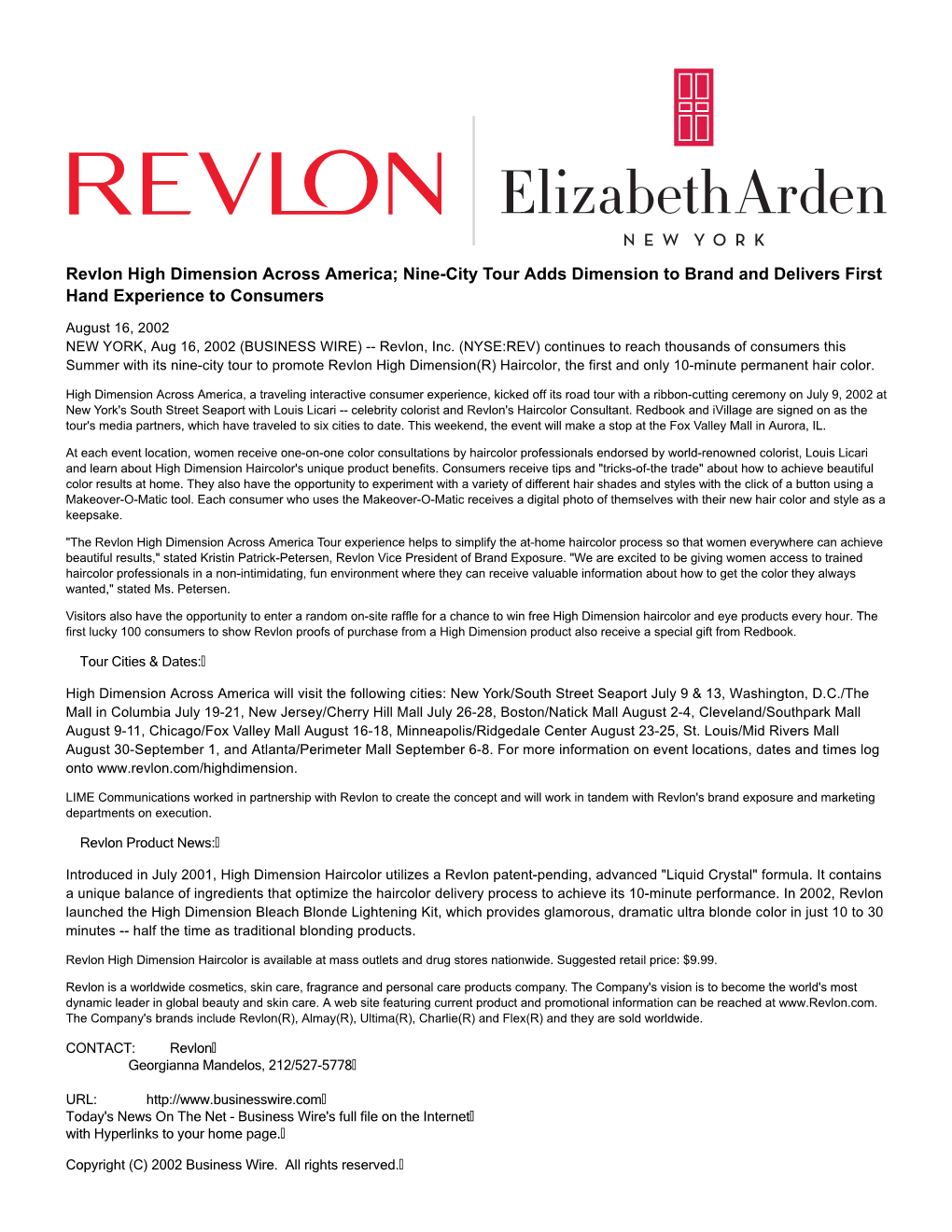 Revlon High Dimension Across America; Nine-City Tour Adds Dimension to Brand and Delivers First Hand Experience to Consumers