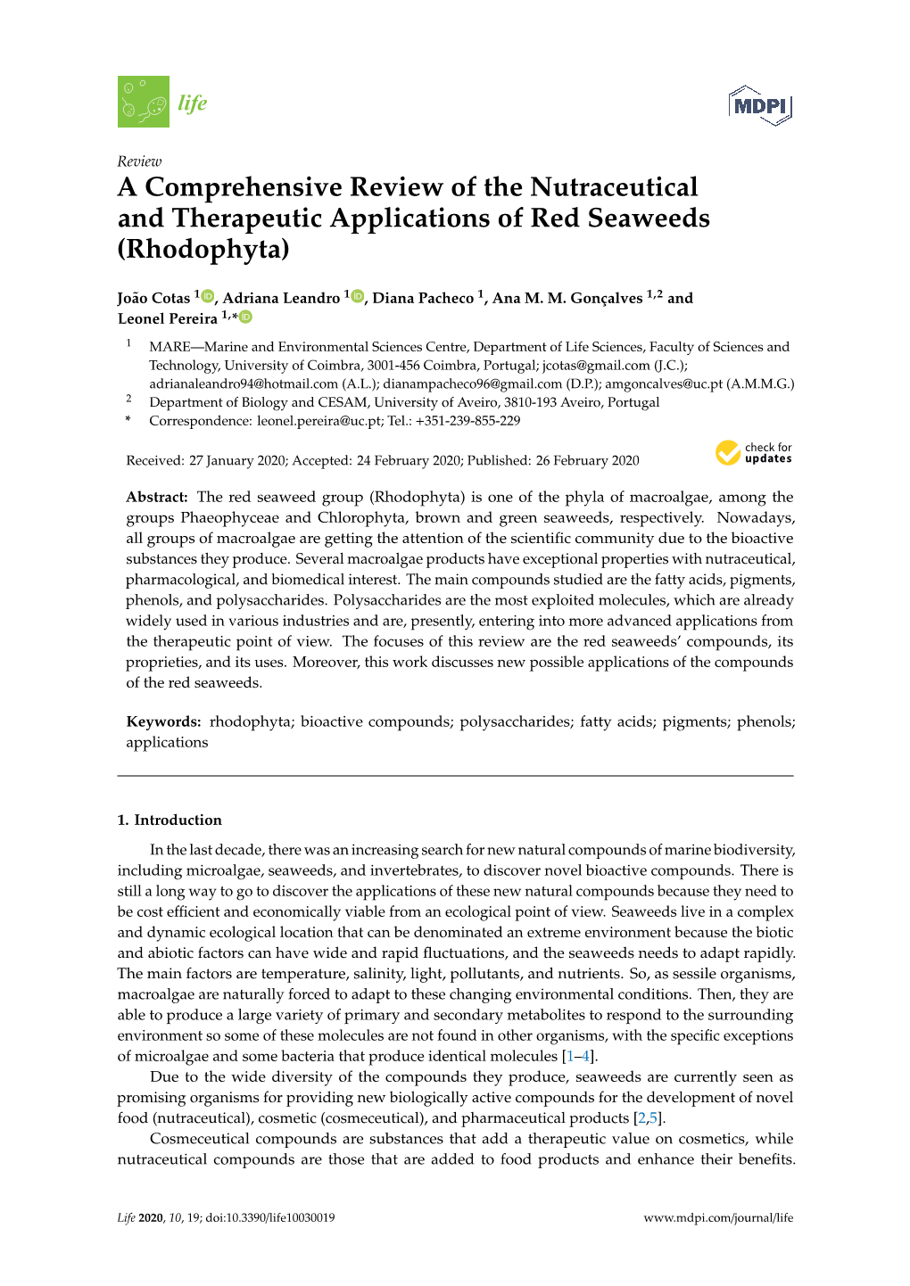 A Comprehensive Review of the Nutraceutical and Therapeutic Applications of Red Seaweeds (Rhodophyta)