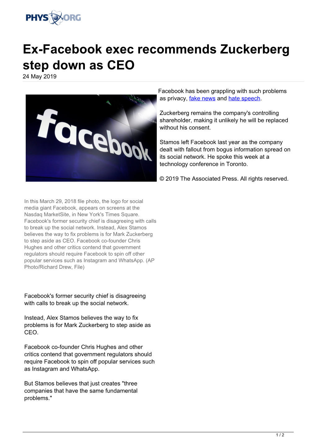 Ex-Facebook Exec Recommends Zuckerberg Step Down As CEO 24 May 2019