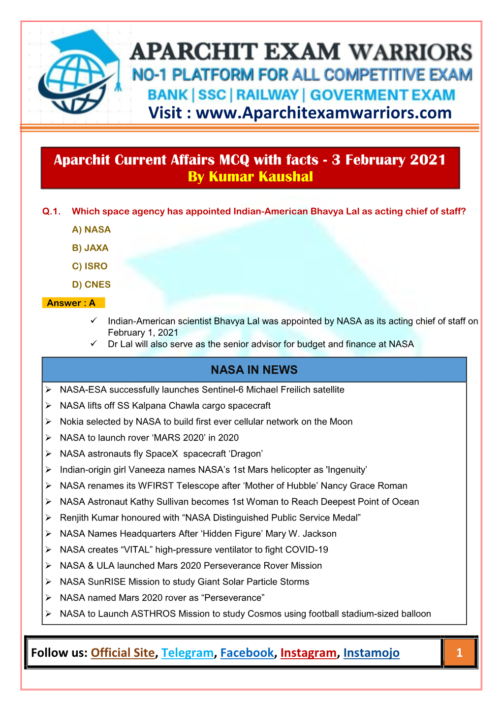 Aparchit Current Affairs MCQ with Facts - 3 February 2021 by Kumar Kaushal