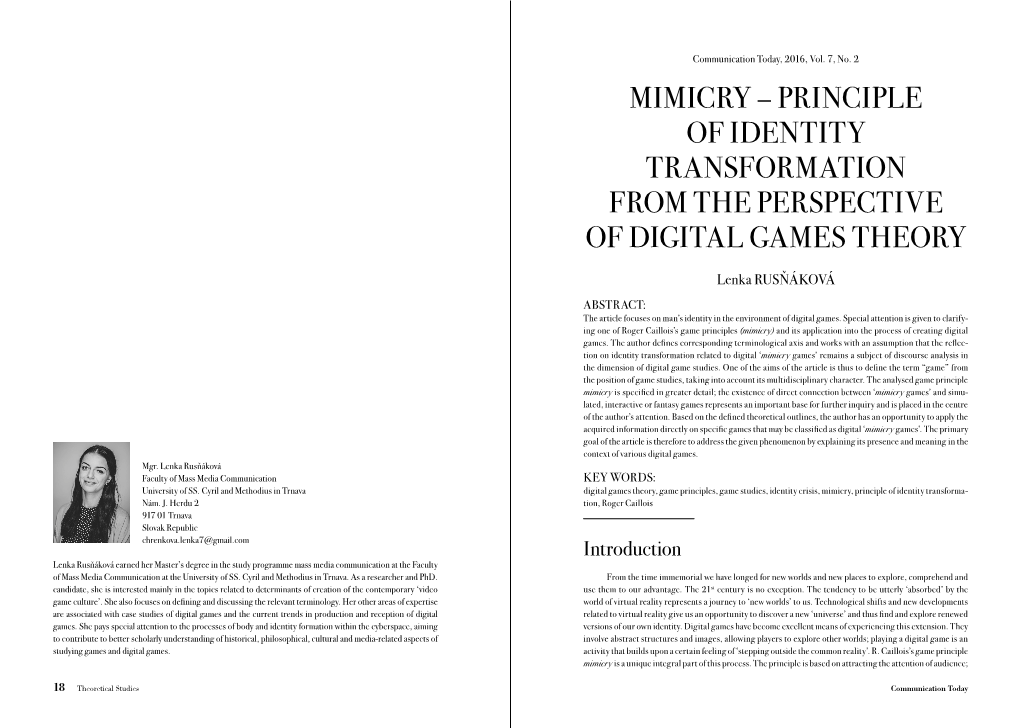 Mimicry – Principle of Identity Transformation from the Perspective of Digital Games Theory