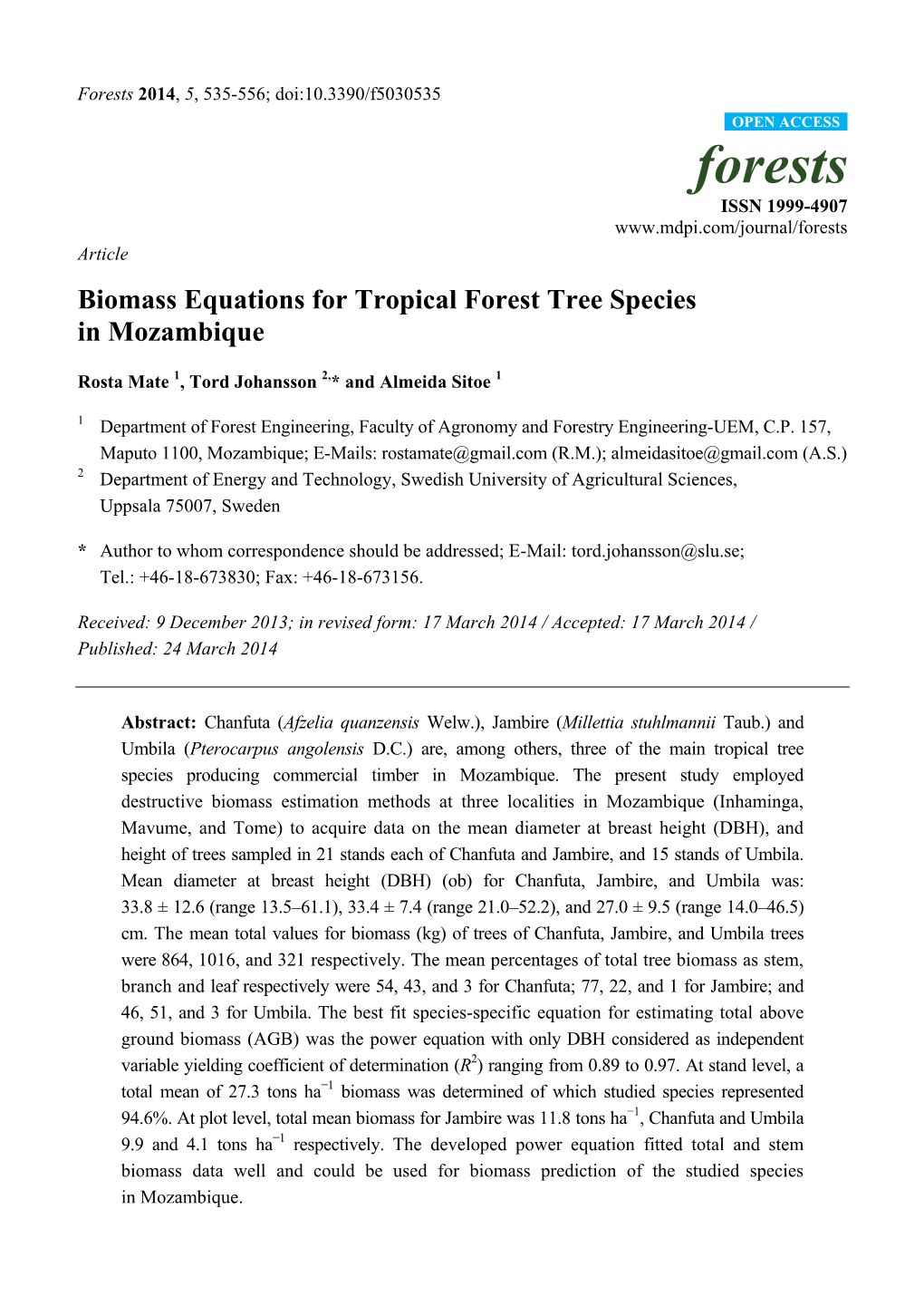 Biomass Equations for Tropical Forest Tree Species in Mozambique