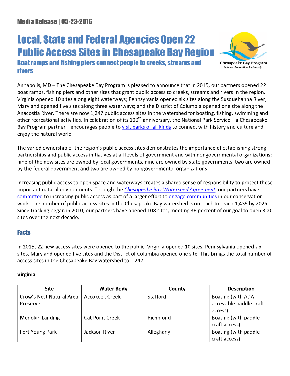 Local, State and Federal Agencies Open 22 Public Access Sites in Chesapeake Bay Region Boat Ramps and Fishing Piers Connect People to Creeks, Streams and Rivers