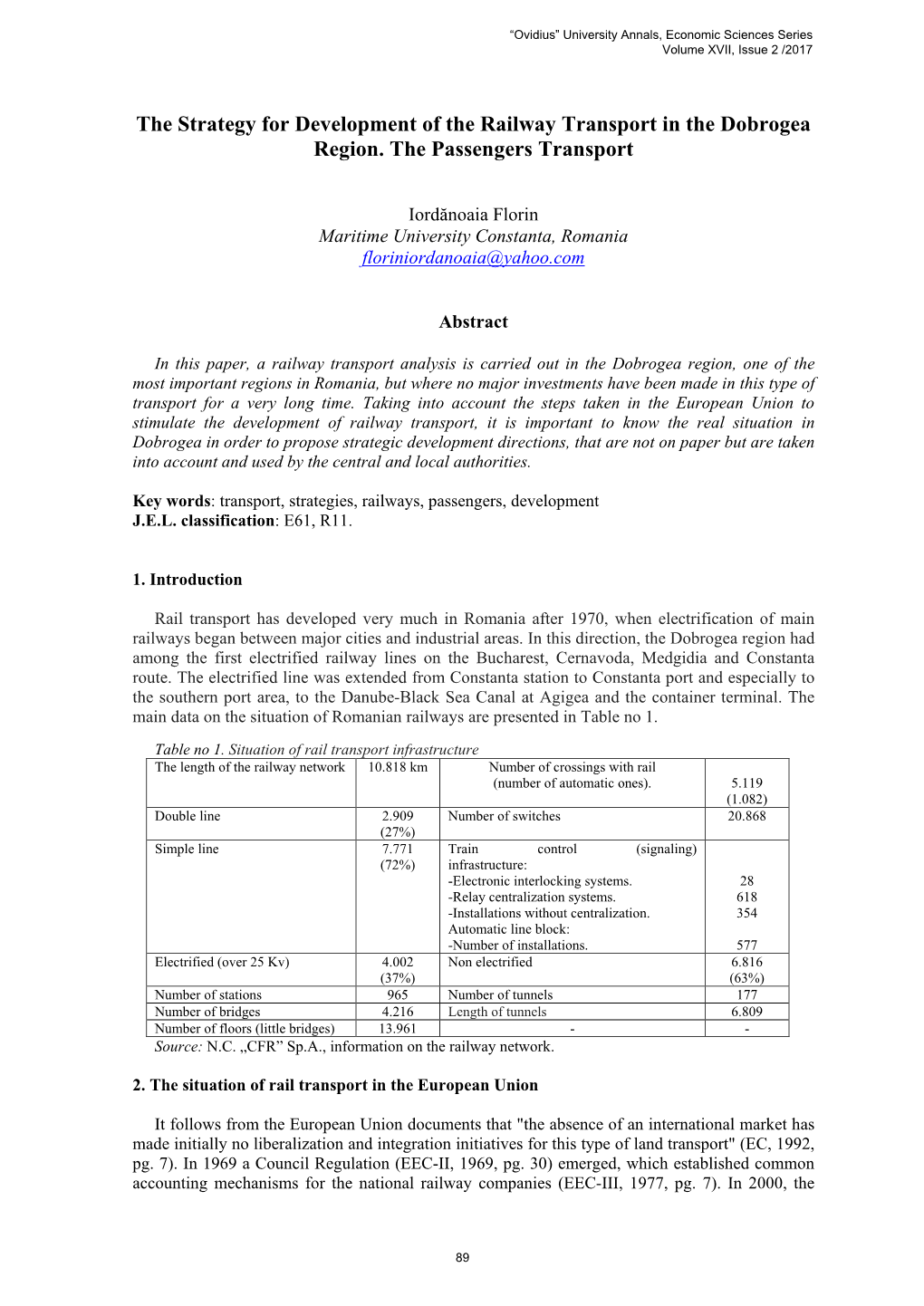 The Strategy for Development of the Railway Transport in the Dobrogea Region