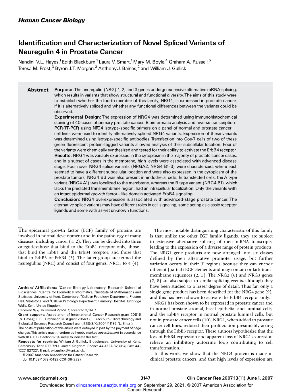 Identification and Characterization of Novel Spliced Variants of Neuregulin 4 in Prostate Cancer Nandini V.L