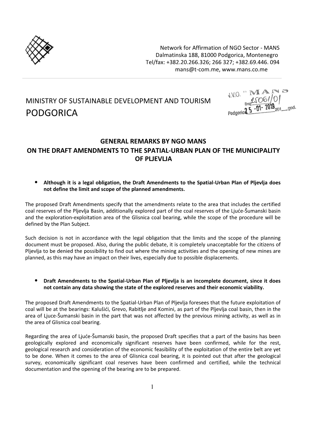 Comments on the Draft Amendments SUP of the Municipality of Pljevlja