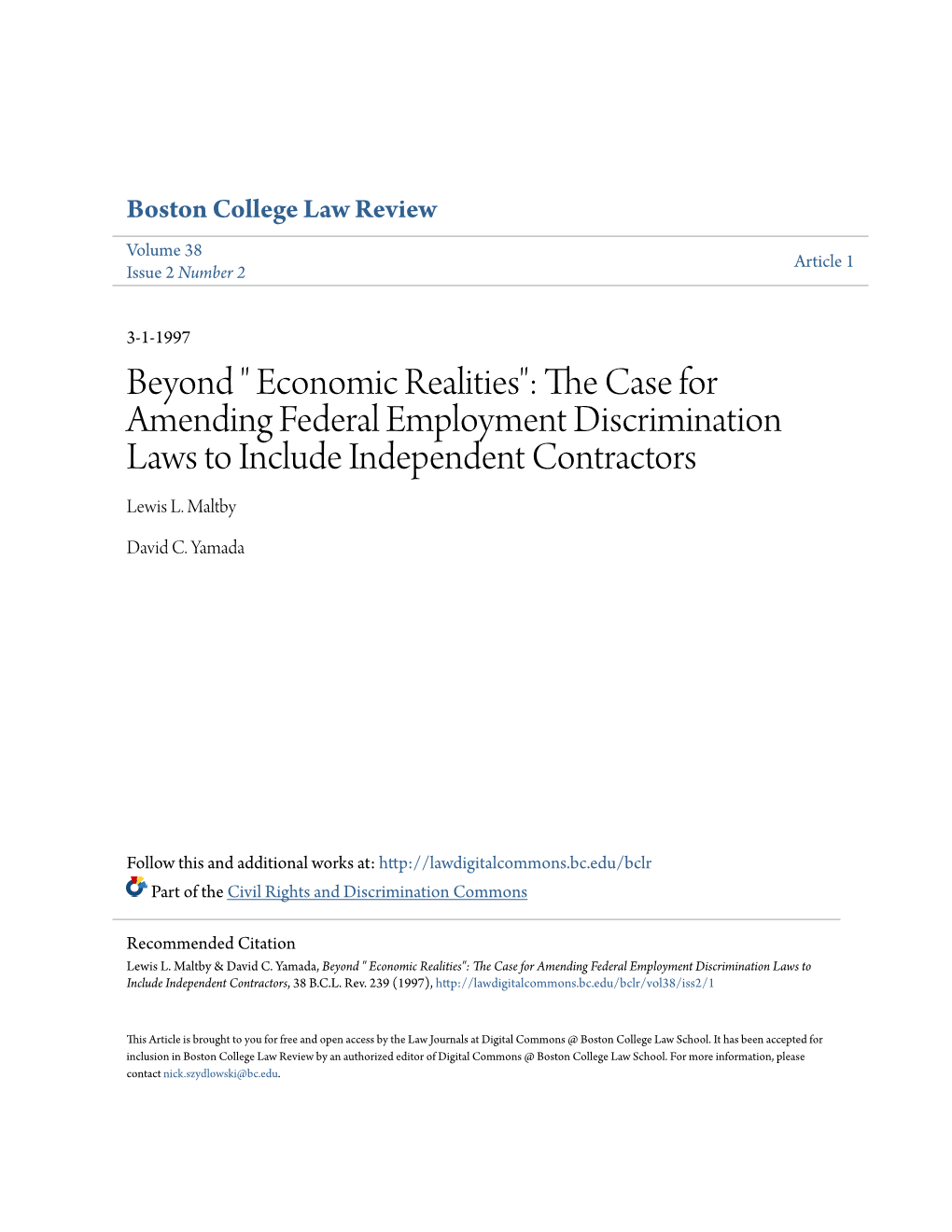 " Economic Realities": the Case for Amending Federal Employment Discrimination Laws to Include Independent Contractors, 38 B.C.L