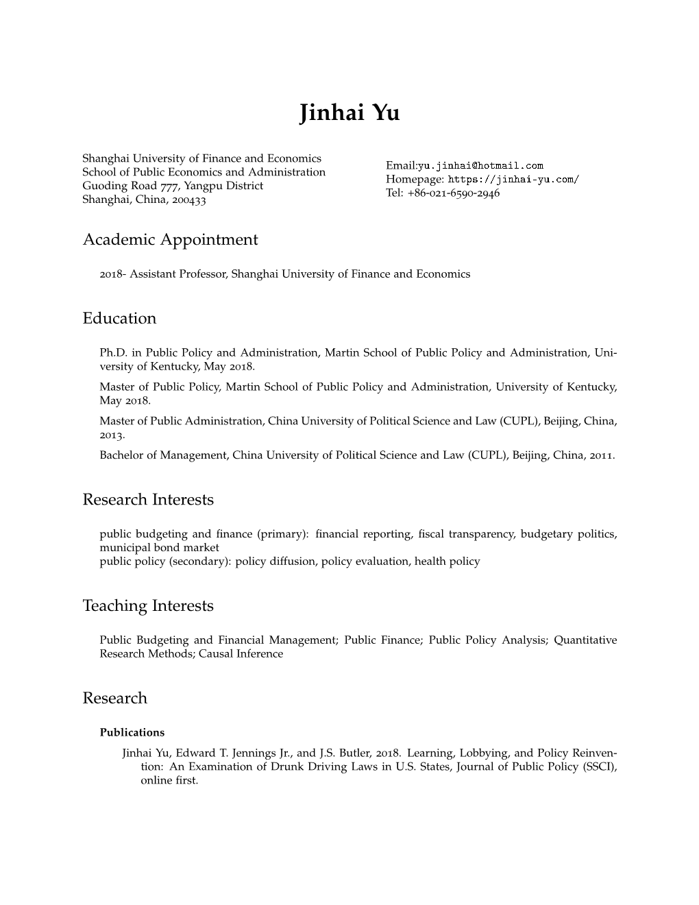 Jinhai Yu: Curriculum Vitae